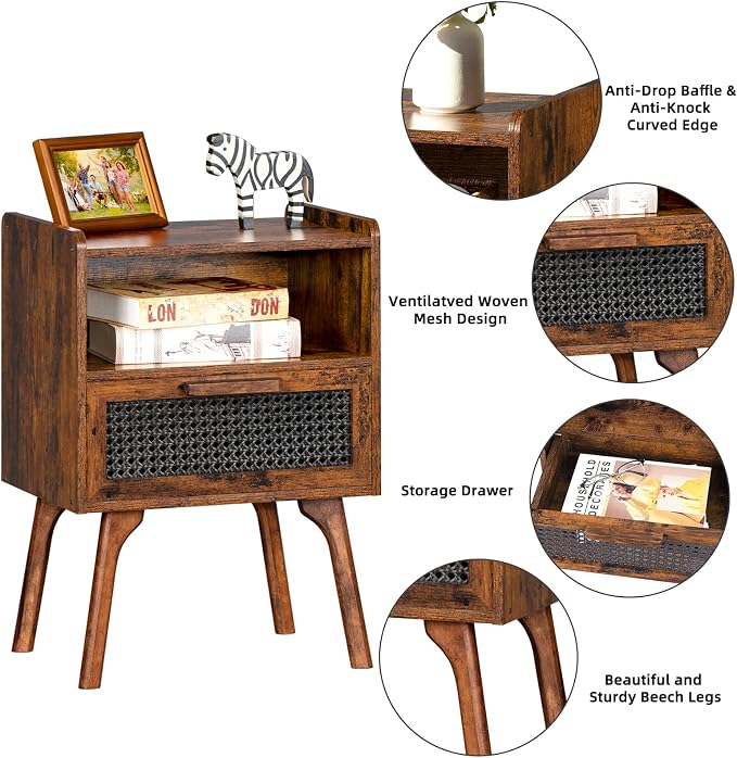 Lerliuo Rattan Nightstands Set of 2, Boho Side Table with Drawer Open Shelf, Cane Accent Bedside End Table with Solid Wood Legs for Bedroom, Dorm and Small Spaces (Brown)