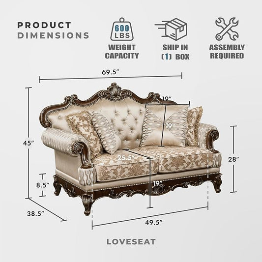 Lexicon Traditional Sofa Couch for Living Room, Rolled Arm Sofa with 4 Accent Pillows, Tufting, Queen Legs in Cherry Finish with Gold Tipping, Upholstered Living Room Furniture, 2 Seater Couch, Brown
