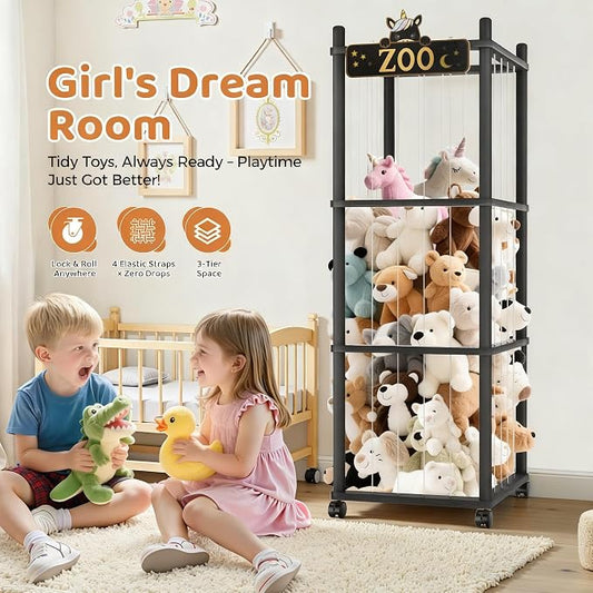 Stuffed Animal Storage Zoo Tower,56In Wooden Large Stuffed Animal Holder Organizer with Wheels,Stuffy Plushies Storage with Elastic Band&Mesh Bottom,Toy Storage Organizers for Playroom Nursery(Black)