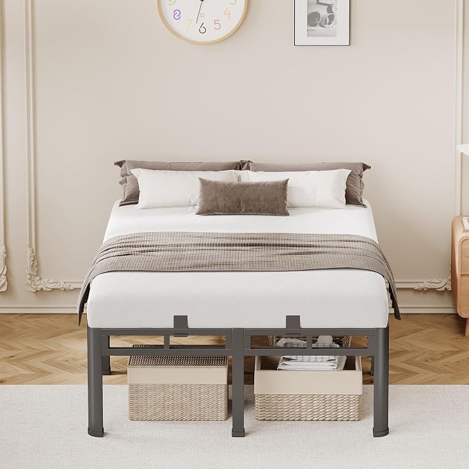 20 Inch Full Size Bed Frame, Double Layer Heavy Duty Bed Frames 4000 lbs Capacity, Metal Platform with Headboard Holes, Round Corner Legs, Mattress Slide Stopper, Easy Assembly