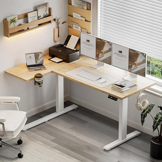 Muvai 59 Inch L Shaped Standing Desk Adjustable Height with Cable Management Tray,Gaming Electric Corner Standing Desk, Sit Stand Computer Table with Reversiable Splice Board,Light Rustic Brown