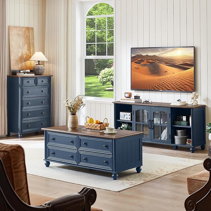 RWYHG 48" Farmhouse Coffee Table with Hidden Storage,Wooden Coffee Tables with 4 Drawers & Roman Column Handle,Rectangular Rustic Center Table with Solid Wood Curved Legs for Living Room,Office,Blue