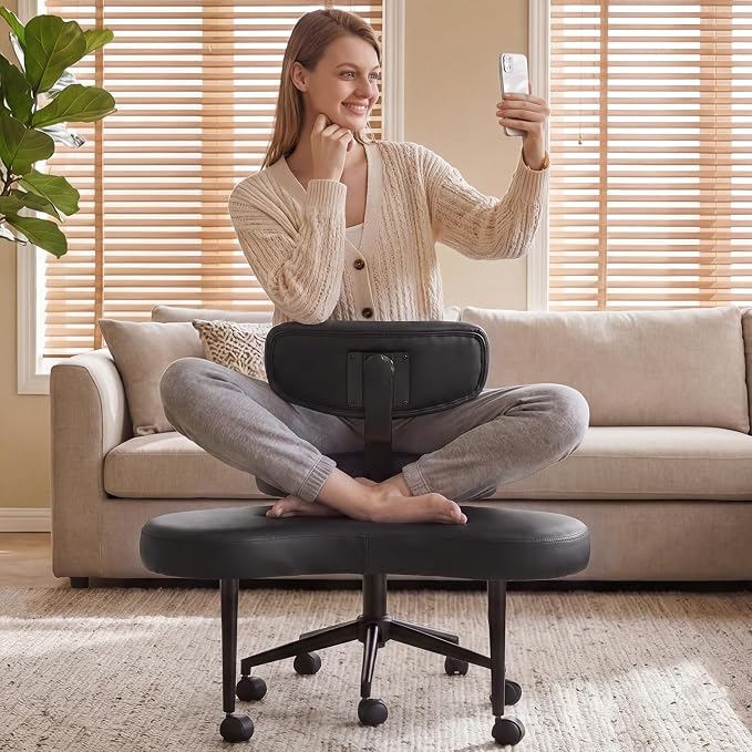 DUMOS Ergonomic ADHD Cross Legged Office Desk Chair with Adjustable Backrest, Height Adjustable Meditation Chair with 360° Swivel Footstool, PU Leather Yoga Stool for Home Office, Black
