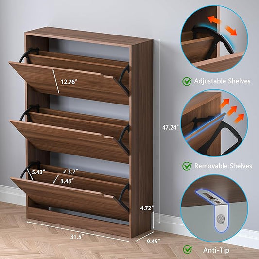 BORNOON Shoe Cabinet with 3 Flip Drawers, Slim Narrow Shoe Storage Cabinet, Freestanding Shoe Organizer with Adjustable & Removable Shelves, Top Display Shelf for Entryway, Hallway, Foyer, Closet