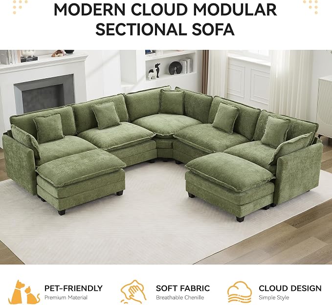 113'' V Shaped Cloud Sectional Sofa, Oversized Deep Seat Couches for Living Room, Chenille Comfy Upholstered Modular Sectional Sofa Couch with 2 Movable Ottoman, Green