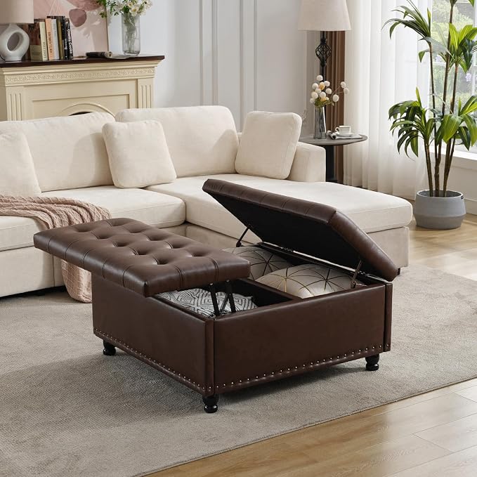Tbfit Large Square Storage Ottoman Bench, Tufted Upholstered Coffee Table Ottoman with Lift Top & Solid Wood Legs, Oversized Storage Ottomans Toy Box for Living Room (Dark Brown)
