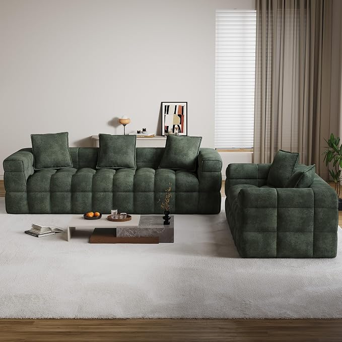 DAMAIFROM Chenille Cloud Sofa Couch Set with 5 Soft Pillows,Comfy Upholstered Chenille LoveSeat Sofa Set,Modern Deep Seat Sherpa Cloud Couch, Oversized Love Seat for Living Room,Olive Green