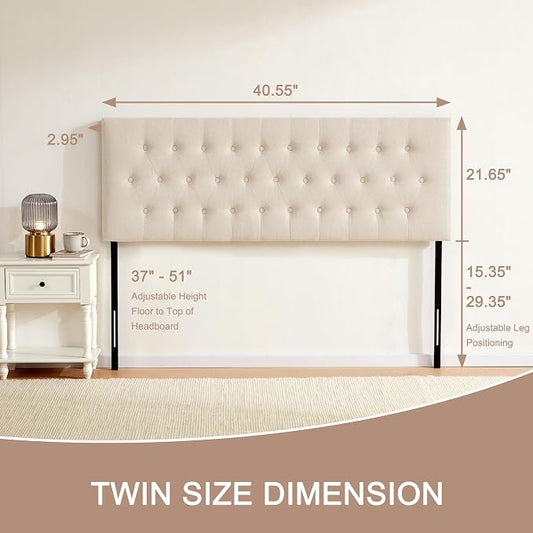 Tufted Upholstered Headboard Twin Size, Adjustable Height 37- 51 in, Beige | Sturdy and Durable Solid Wood Twin XL Headboard, Fabric Twin Headboard Only, Modern Button Diamond Design Head Board