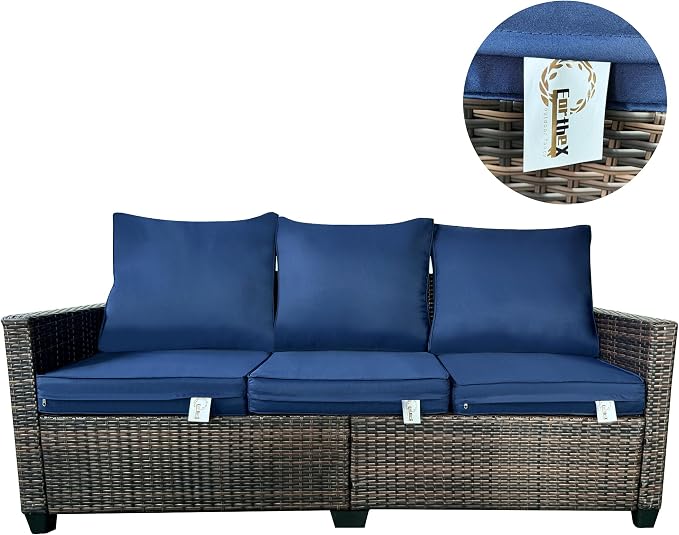 EortheX 3-Seat Rattan Wicker Outdoor Patio Sofa Garden Deck Porch, Blue | weather-resistant PE rattan,quick-dry anti-slip cushions,for garden/deck/porch,rust-resistant frame,easy assembly,small space