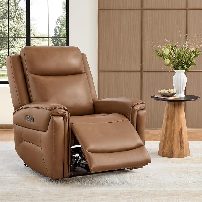 Watson & Whitely Super Zero Gravity Power Recliner Chair with Power Headrest, Genuine Leather Recliner with USB & Type-C Ports, Electric Reclining Sofa Chair for Living Room, Bedroom, Saddle Brown