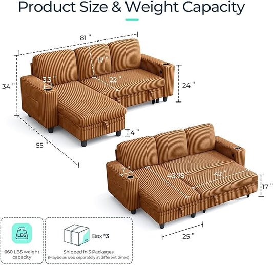 LINSY HOME Sectional Sleeper Sofa with Storage Chaise & USB Charging, Convertible Pull Out Couch Bed Plush Corduroy Modular Sectional Couches for Living Room Apartment (Brown)