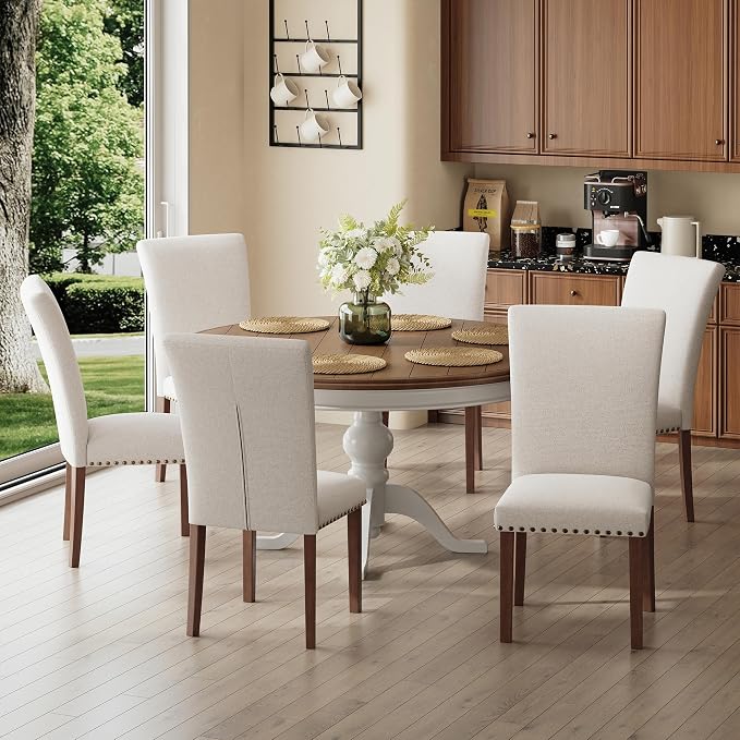 MALOL High Back Dining Chairs Set of 2, Upholstered Dining Room Chair with Wood Legs and Nailhead Trim, Modern Padded Kitchen Chairs for Dining Room/Restaurant, Beige