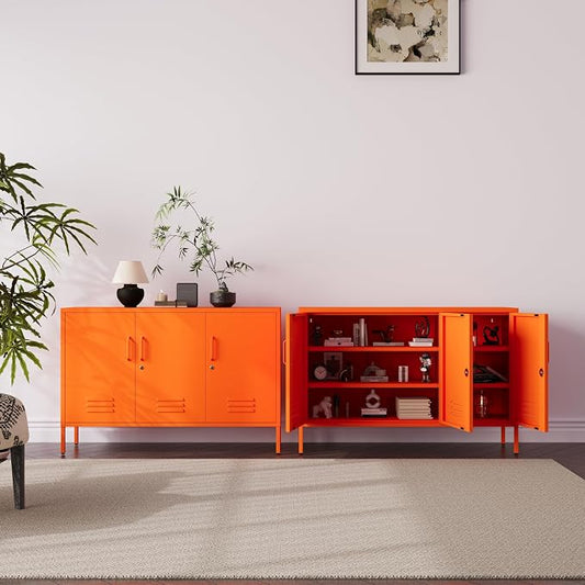 32" Wide 3-Door Lockable Metal Storage Cabinet with Accent Cabinet Locker, Heavy Duty Home Tool Cabinet, 2 Removable Shelves & Easy Assembly, for Home, Office, Entryway and Hallway Orange