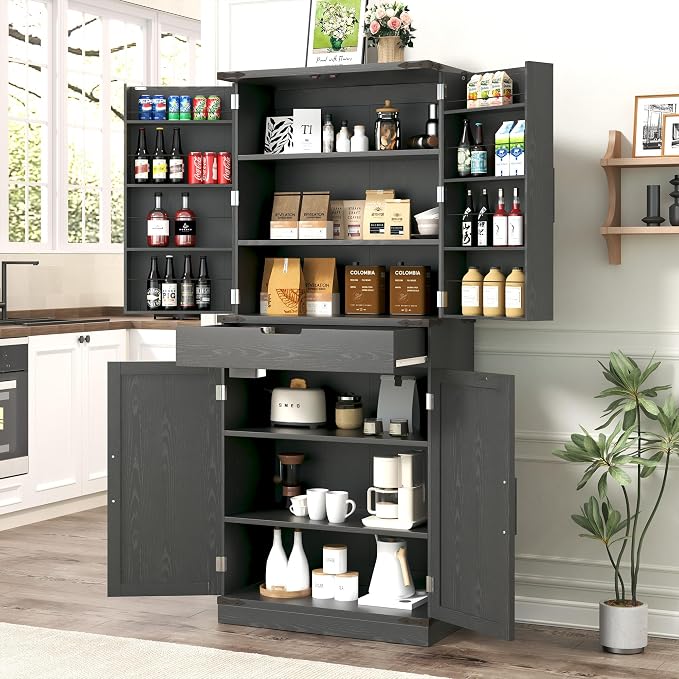 GRUSIGN 72" Tall Storage Cabinet, Kitchen Pantry Cabinet with Adjustable Shelves & Sturdy Steel Frame, Farmhouse Pantry Storage with 4 Barn Doors for Kitchen, Dining Room, and Living Room, Black