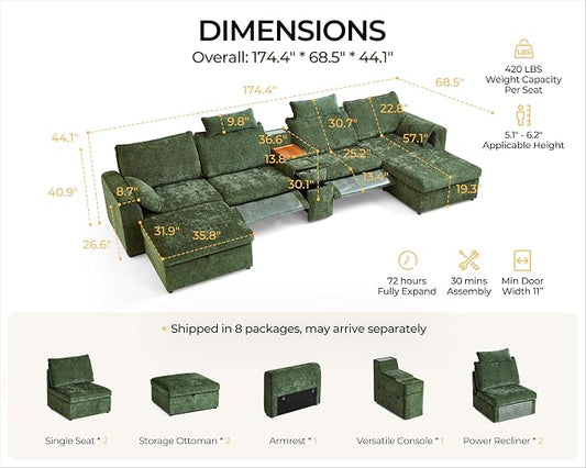 174.4'' Oversized Modular Power Recliner Sofa with Headrest, Deep Cloud Couch with Table, Charging Cup Holders, Convertible U-Shaped 6-Seater Sectional with 2 Storage Ottomans, Chenille, Green