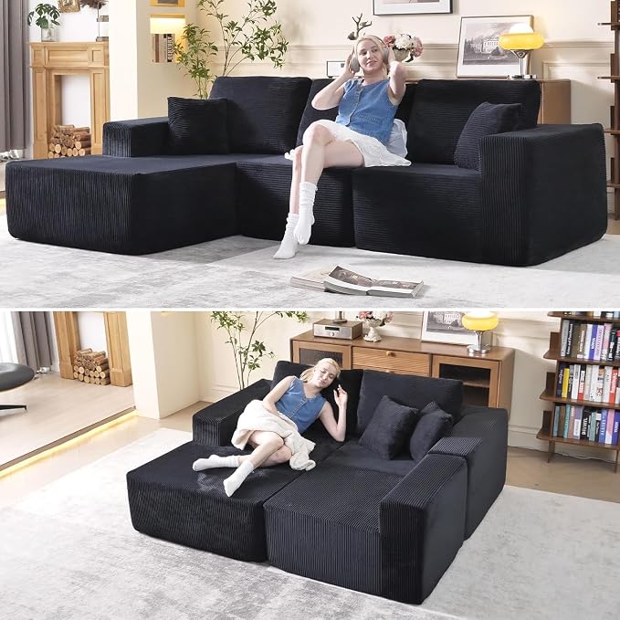 WHGBJA 108" Modular Sectional Sofa — Oversized Cloud Couch with L-Shape Chaise, Upholstered 3-Seat Modular Sectional for Living Room (Black)