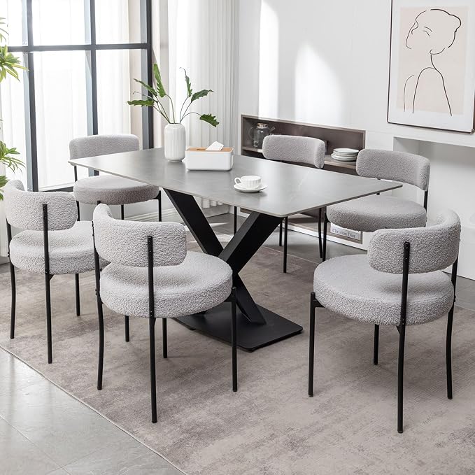 Cinxzar Boucle Dining Chairs Set of 2, Upholstered Dining Room Chairs with Black Metal Legs, Round Modern Dining Chair for Dining Room, Kitchen (Light Grey)