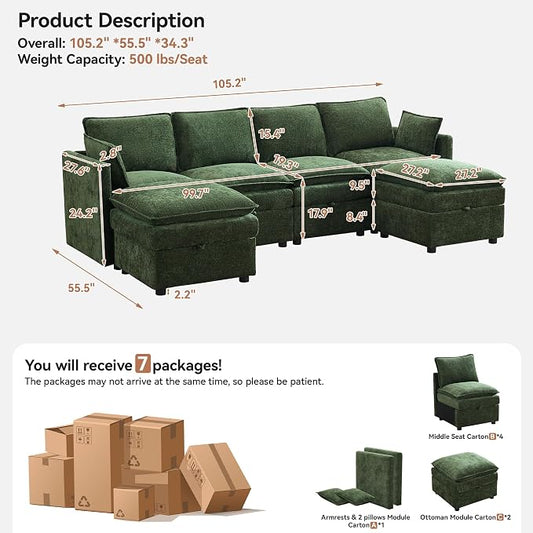 105" Cloud Modular 4 Seater Sofa with 2 Storage Ottoman, Modern Upholstered Sofa Storage Sofa Couch Deep Seat, U Shape Sectional Sofa Chenille Comfy Couch with Armrests for Living Room, Green