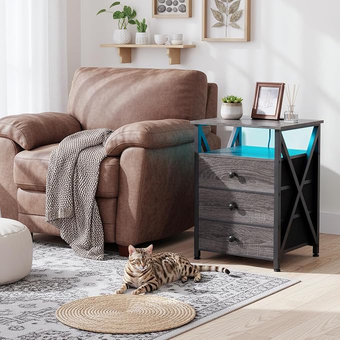 AMHANCIBLE Nightstands Set of 2, LED Night Stand with Charging Station, End Side Tables with USB Port & Outlet, Bedside Table with Fabric Drawers for Bedroom, Dark Grey, HET053LDG