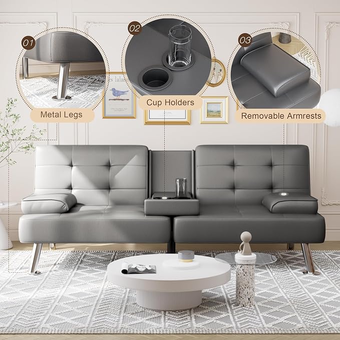 Shahoo Convertible Folding Futon Sofa Bed Sleeper Couch for Living Room Faux Leather Upholstered Loveseat w/Removable Armrests, Metal Legs, 2 Cup Holders, Gray