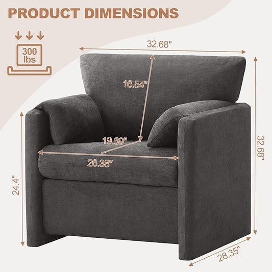 Oversized Accent Chair for Living Room, 32.68" Modern Armchair Set of 2 with Deep Seat, Mid-Century Comfy Reading Chair with Padded Arms, Large Chenille Single Sofa Chairs for Bedroom, Dark Grey