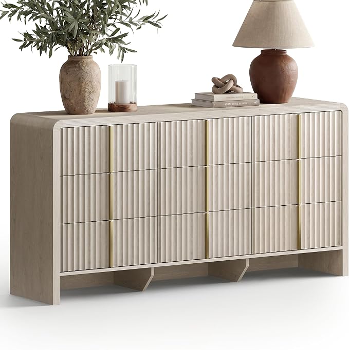 ModernMate Fluted 9 Drawer Dresser for Bedroom, 64.2" Wide White Chest of Drawers, Modern Wood Storage Cabinet with Metal Handles, Anti-Tip Clothes Organizer, White Alder