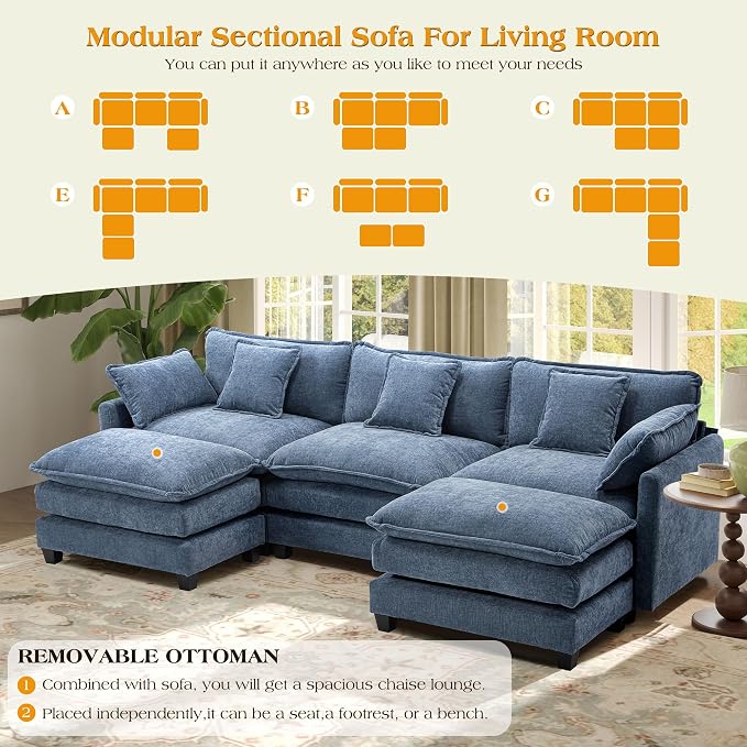 113.4" Modular Sectional Sofa,Cloud Couch for Living Room, Modern Deep Seat Sofa 3 Seater Chenille Fabric Comfy Couches with Throw Pillows & Ottoman for Apartment
