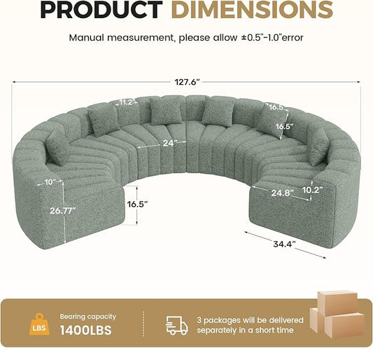 Oversized Curved Sofa, 6 Seater Modular Velvet Cloud Couch, Modern Boneless Sectional Couches for Living Room, No Assembly Required, Light Green 1PC