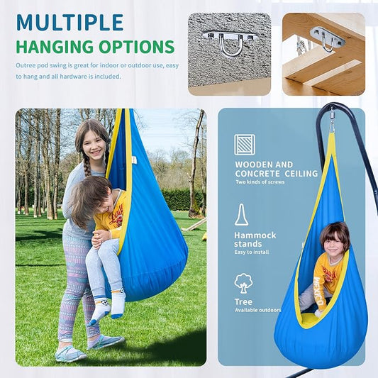 OUTREE Kids Pod Swing Seat, Cotton Child Hammock Swing Chair, Sensory Swing for Indoor and Outdoor Use,Blue and Yellow