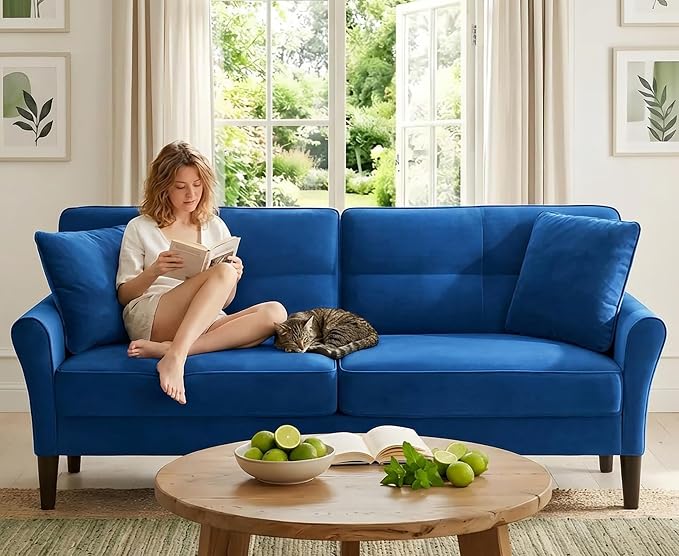 Kidirect Small Sectional Couch, 69" L Shaped Couch, Sectional Sofa, Blue | Comfy Velvet Couch, Tool-Free Setup, 750lb Max Load, Movable Ottoman, Ideal for Living Room, Bedroom, Apartment, Office