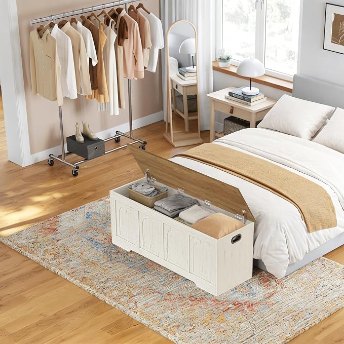DINZI LVJ Storage Chest, 50” Extra Large Storage Bench with 2 Safety Hinges, Farmhouse Wooden Toy Box with Flip-Top, Large Trunk for Living Room, Playroom, Easy Assembly, Honey Brown and Rustic White