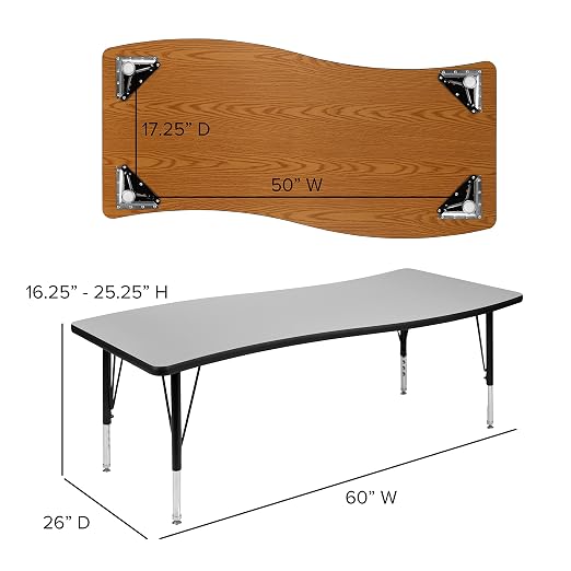 EMMA + OLIVER 26" W x 60" L Rectangular Wave Flexible Collaborative Grey Kids Adjustable Activity Table