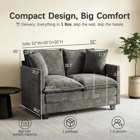 52" Loveseat Sofa, Modern Love Seat Couches, Small Loveseat for Small Spaces, Comfy Chenille Deep Seat Cloud Loveseat with 2 Pillows for Living Room, Bedroom,Apartment and Office, Grey