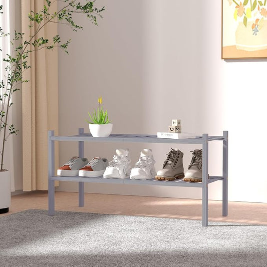 ROMGUAR CRAFT 2 Tier Bamboo Shoe Rack for Closet Free Standing Wood Shoe Shelf for Entryway Small Space Stackable 27"x11"x13" (Grey)
