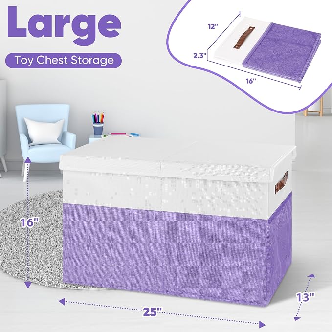 Mabahoo Large Toy Box, Collapsible Sturdy Storage Chest With Lids, Kids Toy Chest Storage Organizer Toddler Bin Boxes for Living Room, Bedroom, Nursery, 25"x13"x16", Purple & White