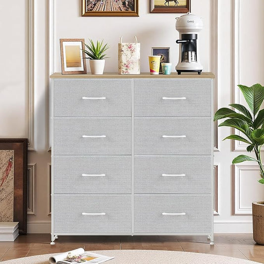8-Drawer Dresser for Bedroom, Anti-Tip Tall Storage Organizer Chest of Drawers with Wooden Top and Metal Frame Fabric Bins for Closet, Living Room, Hallway, Entryway, Light Gray