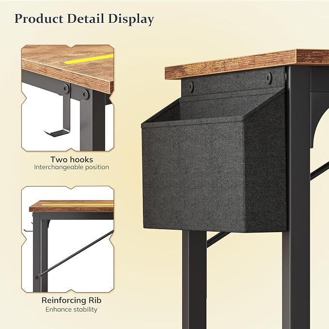 DurayLoly 55" Office Desks with LED Lights,Gaming Writing Work from Home Study Desk with Storage Bag,Home Office Desk with Headphone Hook Sturdy Metal Frame, Rustic Brown