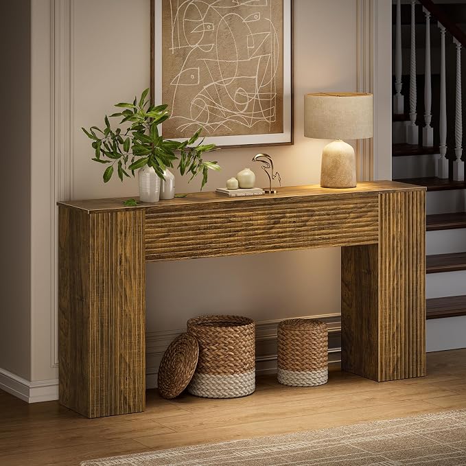 FABATO 61'' Fluted Long Console Table, Wooden Rectangular Sofa Table Behind The Couch, Narrow Entryway Table with 2 Hidden Storage Cabinets for Entrance, Hallway, Living Room, Foyer, Brown