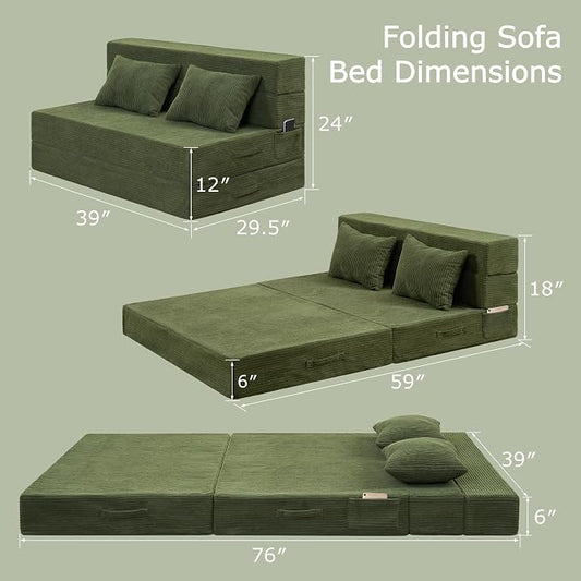 Folding Sofa Bed, 4 in 1 Convertible Sleeper Chair with Pillow, Twin Memory Foam Fold Out Chair Bed, Modern Floor Futon Sofa Couch Mattress for Living Room/Guest/Apartment, Green