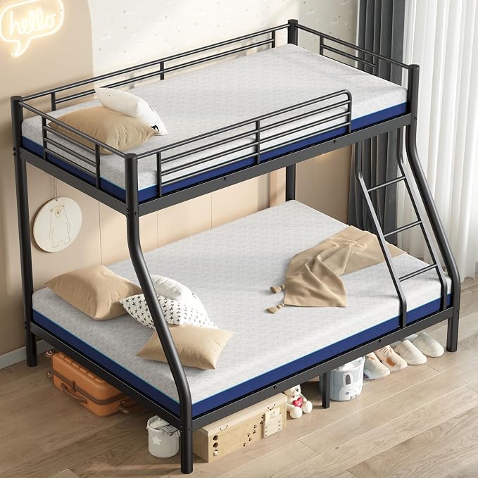Bunk Beds Twin Over Full Size with 6'' Mattresses Included, Heavy Duty Metal Bunk Bed Frame with Angled Ladder for Teens and Adults, for Spaces-Saving, Smooth Rounded Edges, Black