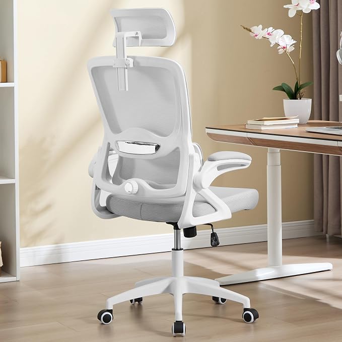 Ergonomic Office Chair,Mesh Office Chair with Lumbar Support,High Back Desk Chair with Flip-up Arms,400 lbs Big and Tall Computer Chair with Headrest,Comfy Desk Chairs (Light Grey)