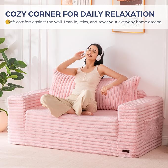 MAXYOYO Convertible Sofa Bed, 2 in 1 Folding Couch Bed for Small Space, Pull Out Loveseat Sofa Couch with Large Back Pillow, Plush Faux Fabric Lounge Couch for Living Room, Apartment, Pink