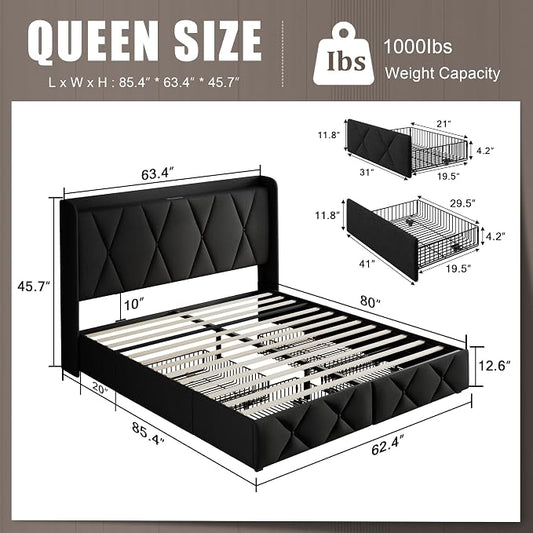 Einhomn Queen Bed Frame with 4 Storage Drawers and Charging Station, Upholstered Platform Bed Frame with Storage Headboard, No Box Spring Needed, Easy Assembly, Black