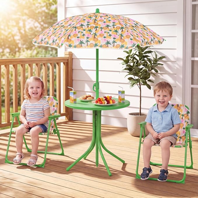 Costzon Kids Picnic Table, Kids Outdoor Table with 2 Folding Chairs, Height Adjustable Umbrella, Portable Children Outdoor Furniture for Patio, Garden, Backyard (Green Forest)