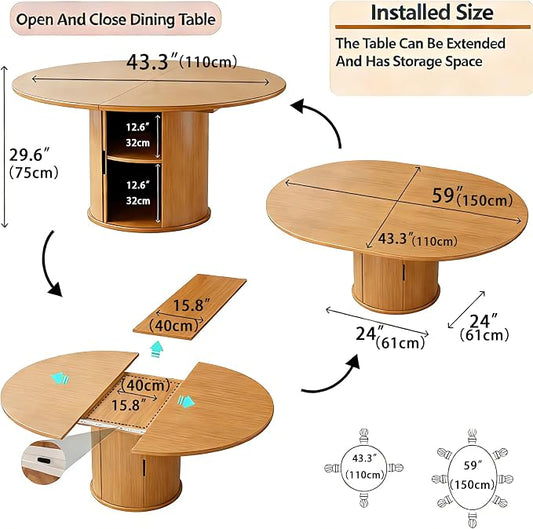 Wildhome Extendable Round Dining Table for 2-4-6, 59 Inch Dining Room Kitchen Table with 2-Tier Storage Shelf, Modern Farmhouse Fluted Wood Slide Door Dinner Furniture,Oval Circle,Oak