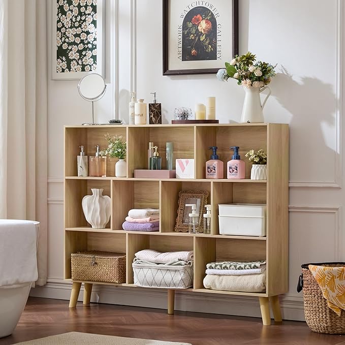 LEYAOYAO 10 Cube Bookshelf, 3 Tier Vintage 55" Wide Bookcase with Legs, Mid-Century Wood Bookshelves Storage, Light Wood Large Book Case, Freestanding Organizer Display Shelf for Living Room, Office
