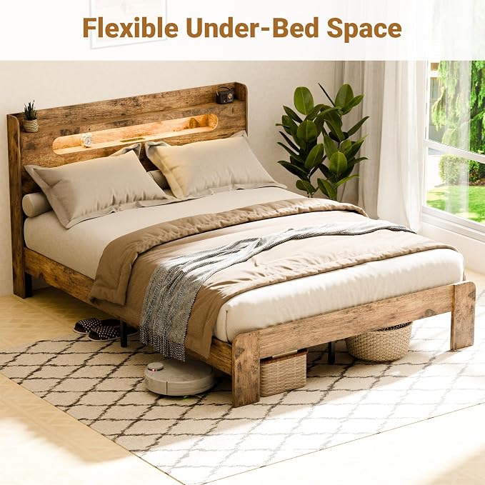 Zevemomo King Size Bed Frame Wood with Headboard, LED Light, Charging Station with 2 USB Ports & 2 AC Outlets, Durable Wooden Frame, No Noise, Rustic Brown (Arc Edge Rectangular Slot)