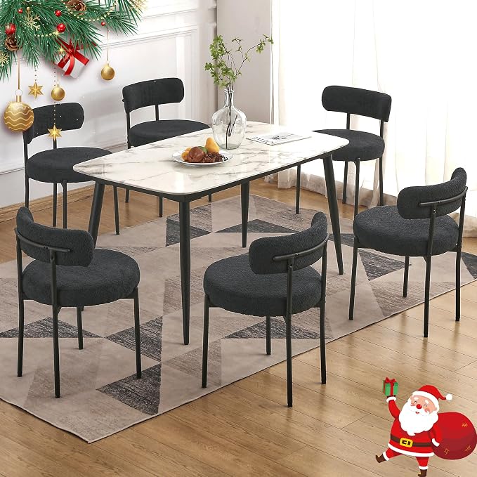 EDWELL Black Dining Chairs Set of 6, Mid-Century Modern Dining Room Chairs with Thick Cushions, Round Upholstered Boucle Dining Chair with Metal Legs for Kitchen, Living Room, Kitchen Chairs