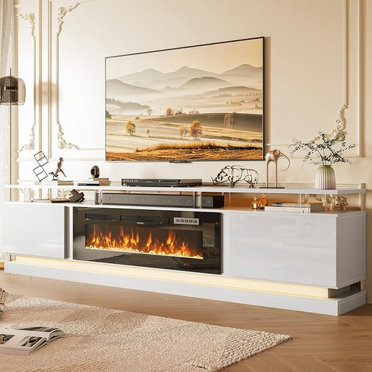 80" Fireplace TV Stand, Modern Entertainment Center for TVs Up to 90", TV Console with Storage Cabinets, Media Console for Living Room, White TV Stand and Black Fireplace