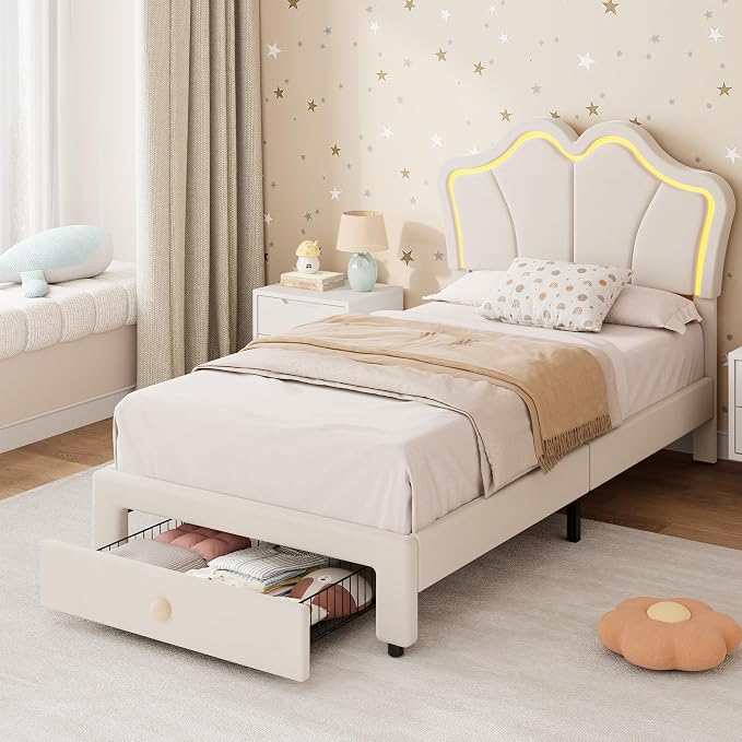 Garvee Twin Bed Frame with Storage, Upholstered LED Bed Frame with Headboard, Cute Velvet Platform Bed Frame for Kids, Girls, Solids Wood Slats Support, No Box Spring Needed, Easy Assembly, White